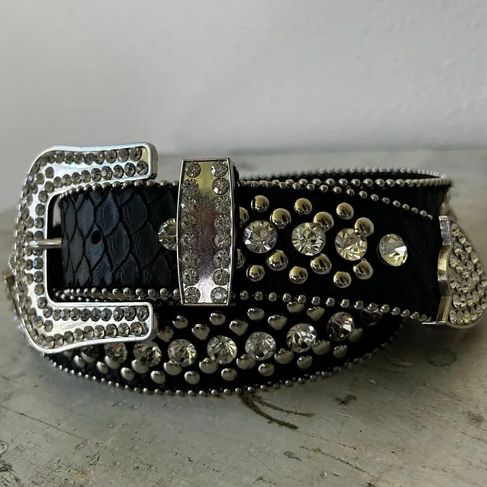 Vintage Rhinestone Studded Leather Bling Western Glam Statement Belt Y2K 34 - 36